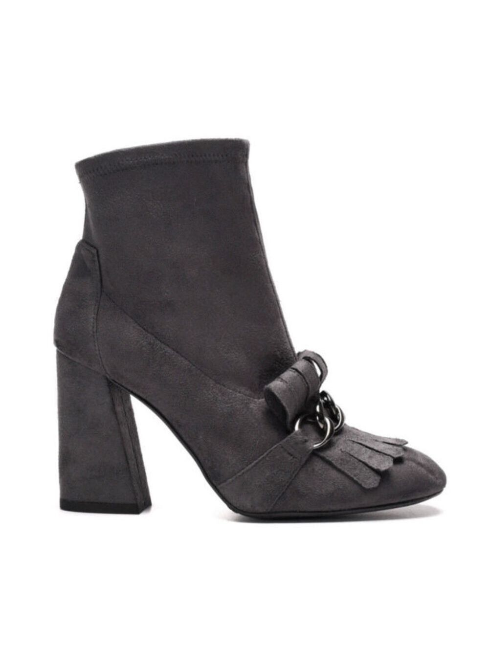 Stuart Weitzman Black Suede Ankle Boots with Fringe and Chain Detail, Size 9.